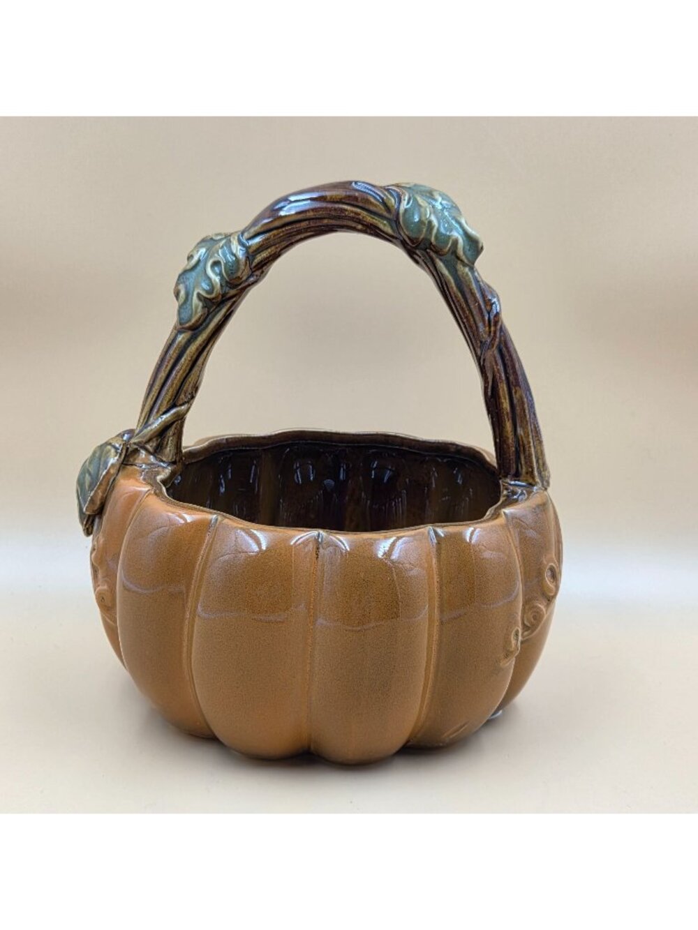 Fall Pumpkin Ceramic Basket Brown Branch Handle Autumn Harvest Thanksgiving Deco